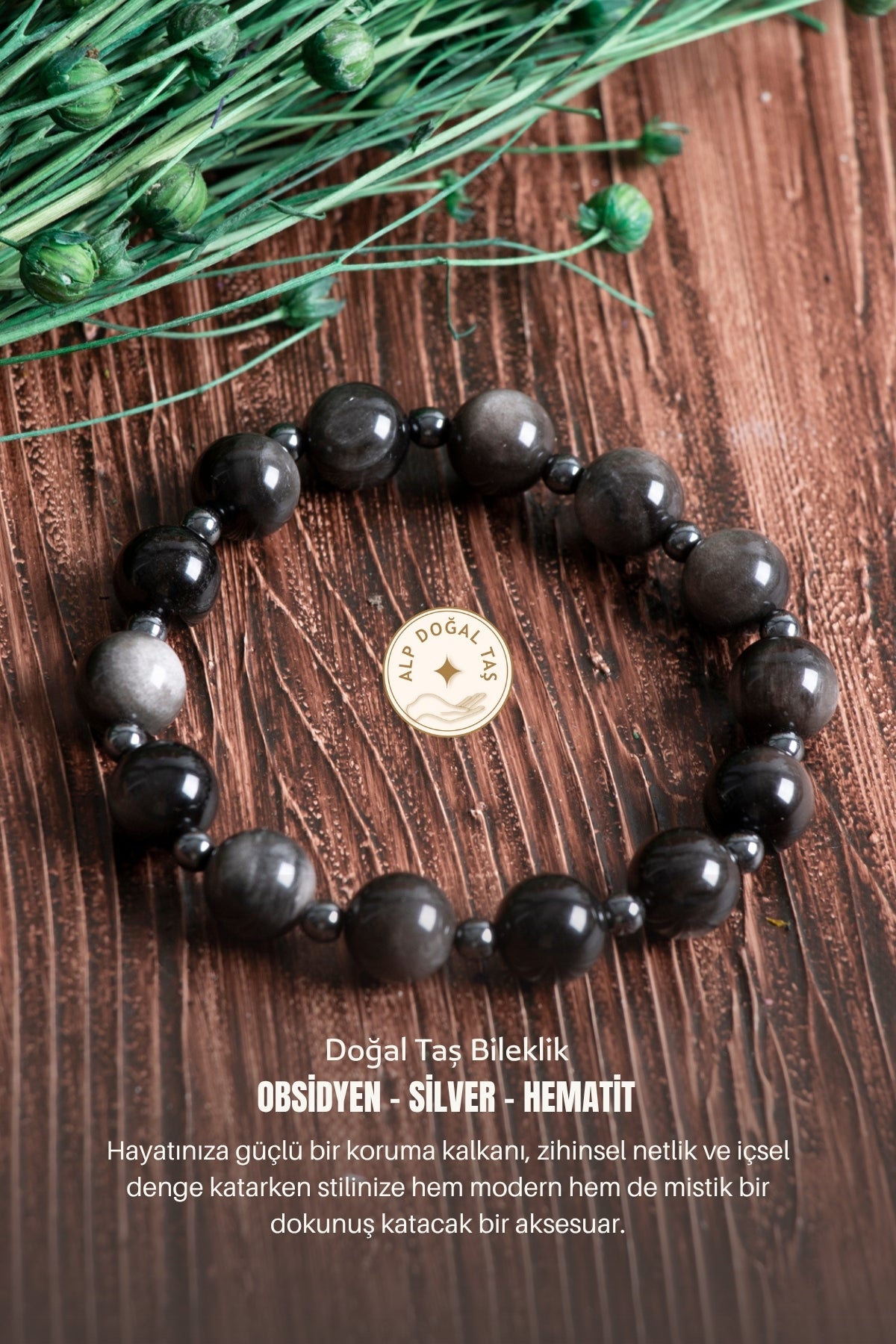 Image of Sertifikalı Obsidyen Silver Hematit Doğal Taş Bileklik